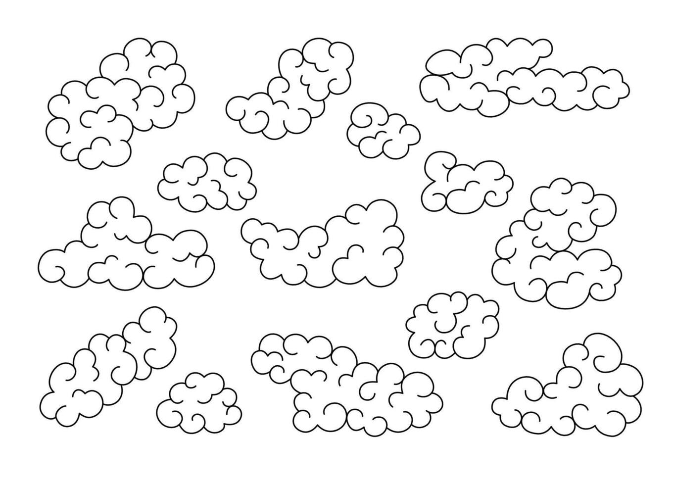 Japanese cloud set. Oriental Chinese Korean Tibetan engraving linear style. vector