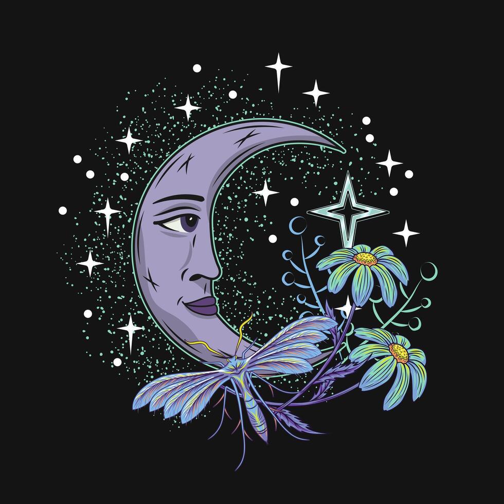 Composition with moon with face, butterfly, flower vector