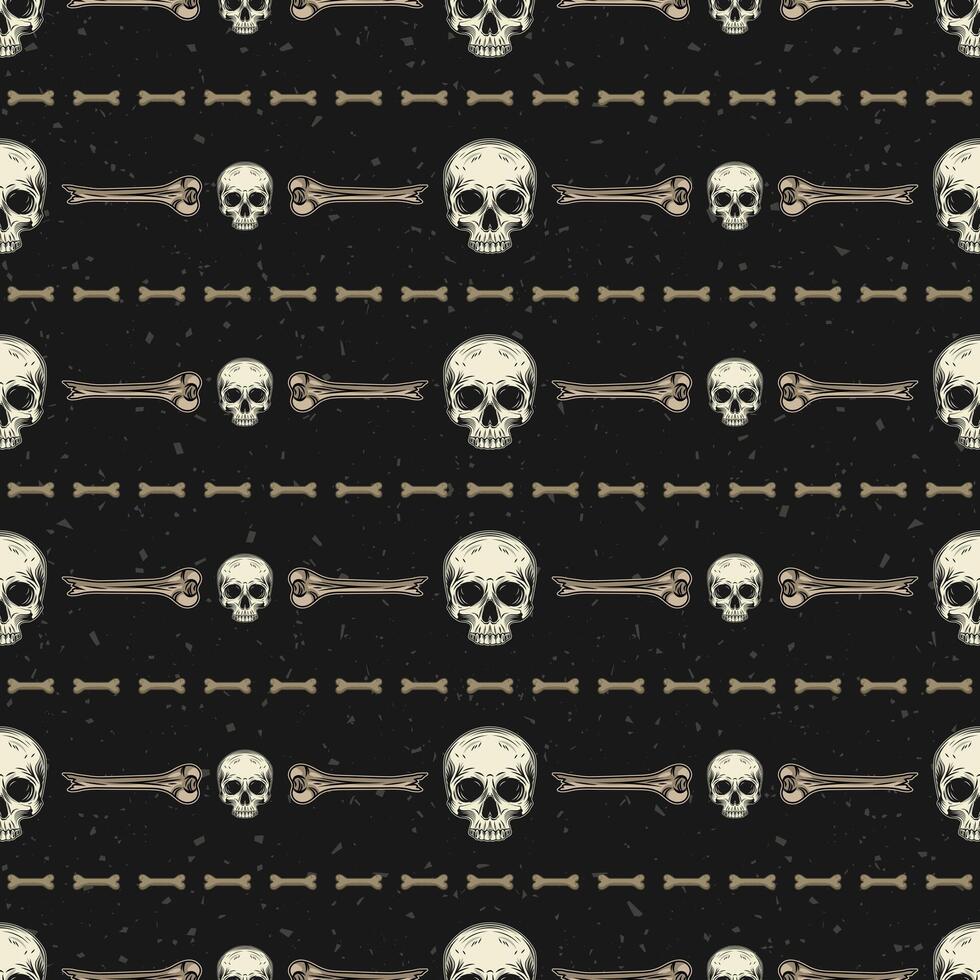 Geometric Halloween pattern with horizontal stripes with broken bones, half skull without jaw on dark background. Textured black background. Vintage style. vector