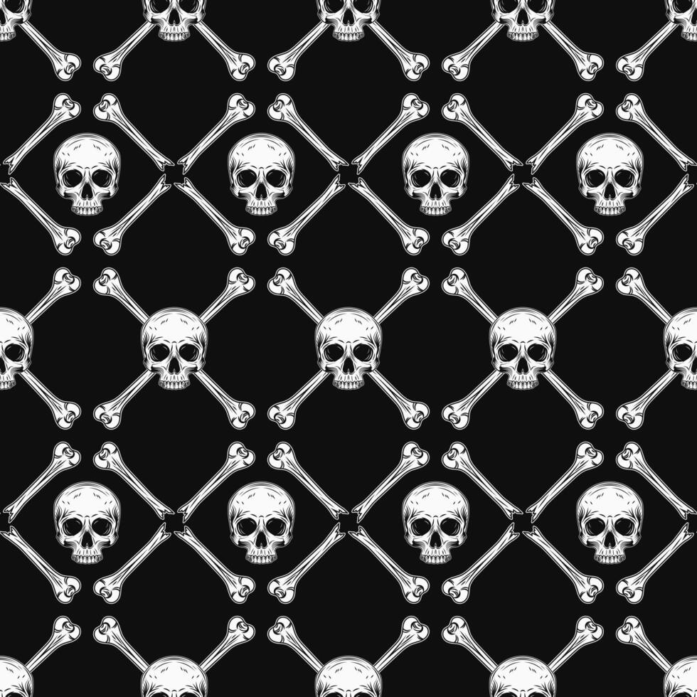 Geometric black and white Halloween pattern with square grid with rhombus cells, broken bones, half skull without jaw on dark background. Classic grid pattern. Vintage style. vector