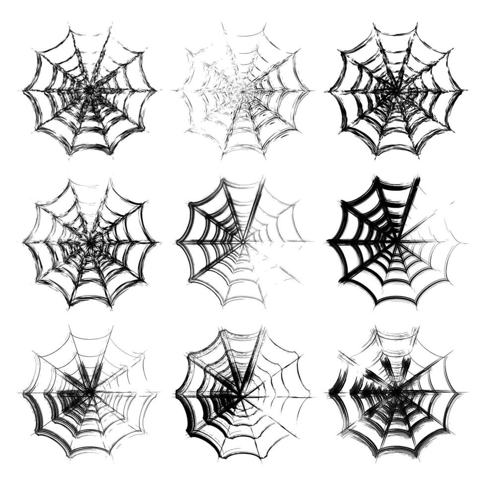 Set of 9 spiderweb in sketch style. Thick grunge paint brush strokes, smears. Design elements for Halloween design. Spooky, scary, horror halloween decor. . vector