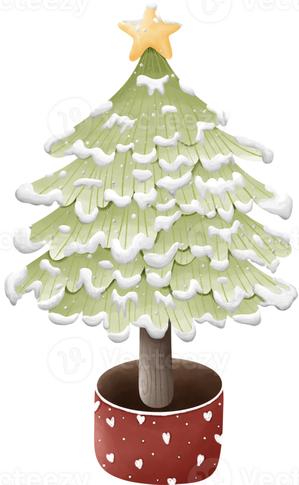 This image is a digital drawing of a small Christmas tree. The trees are green and covered with white snow. There is a yellow star at the top and it is in a red pot. png