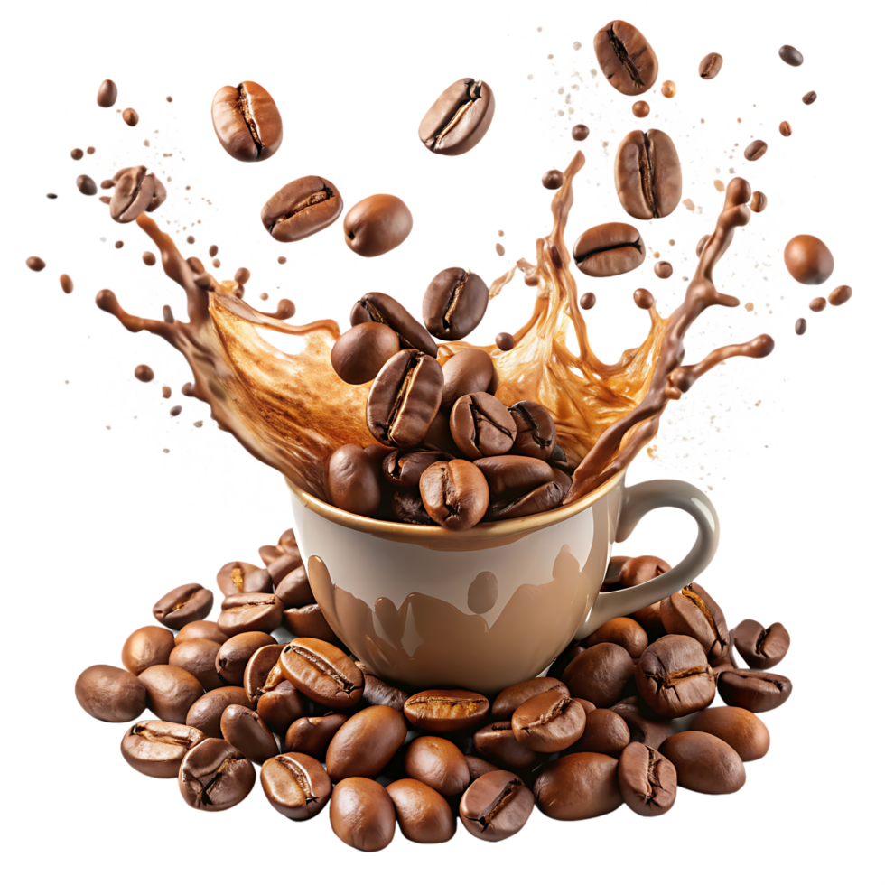 Dynamic Coffee in mug Splash and Beans isolated on transparent background png