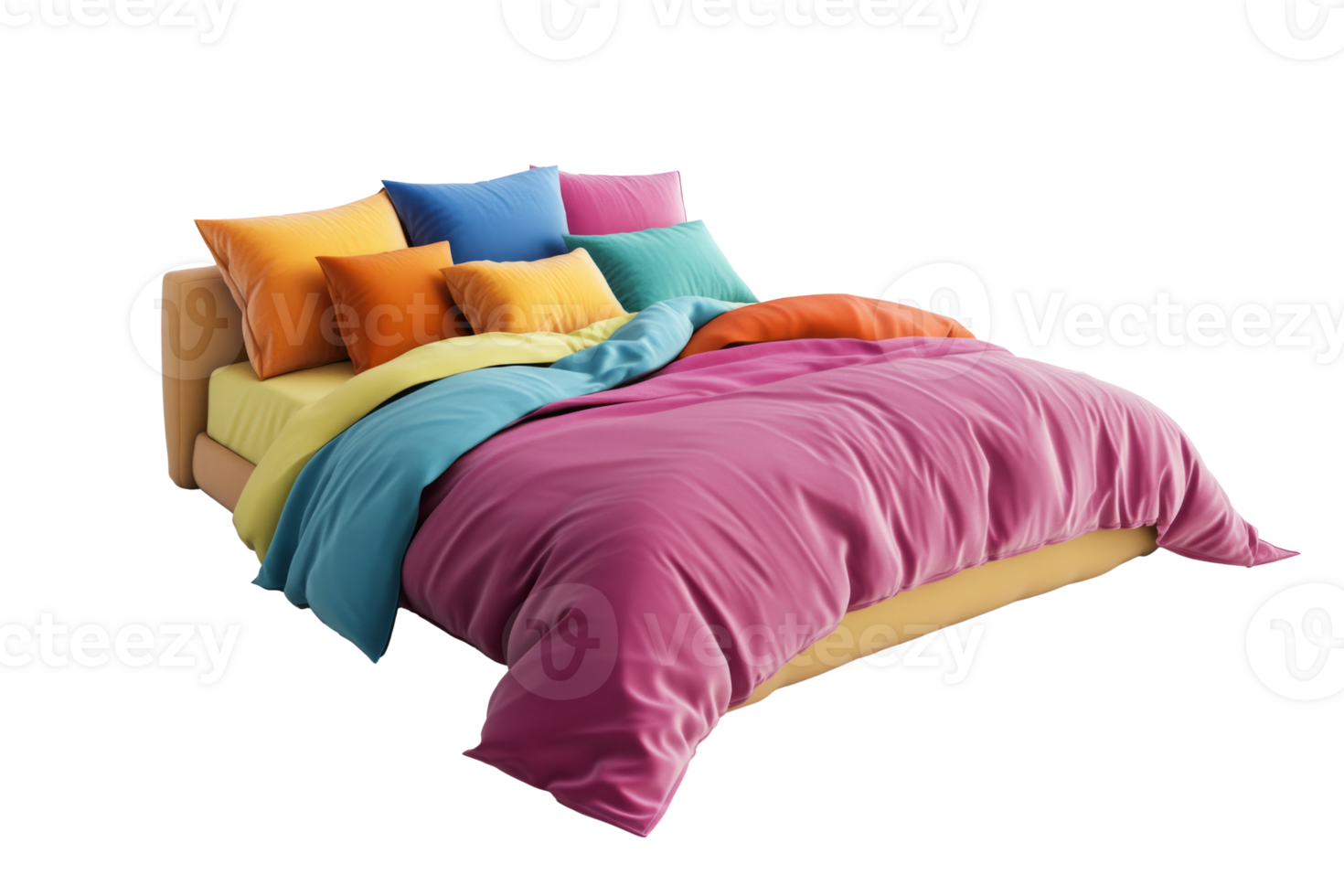 Modern double bed with pillows and duvet. Bedroom furniture with colorful bedding png
