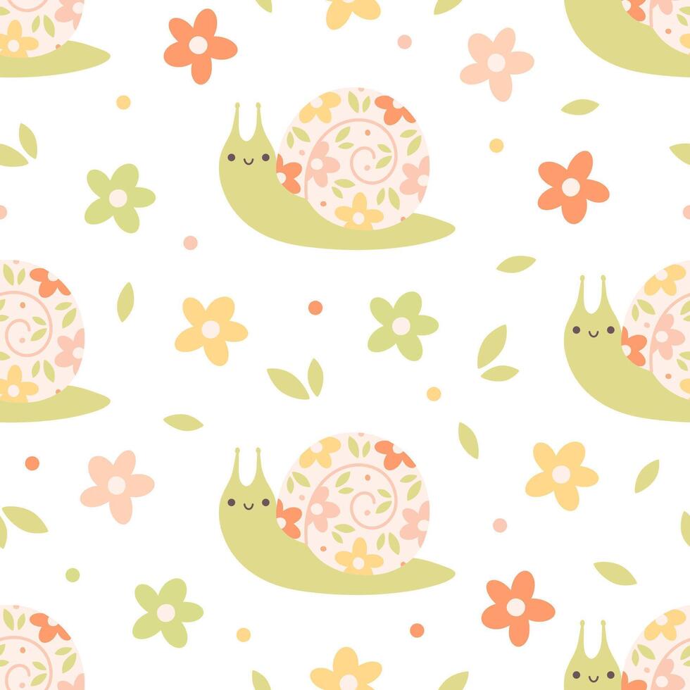 Seamless pattern with cute snails and flowers. Spring and summer seamless pattern vector