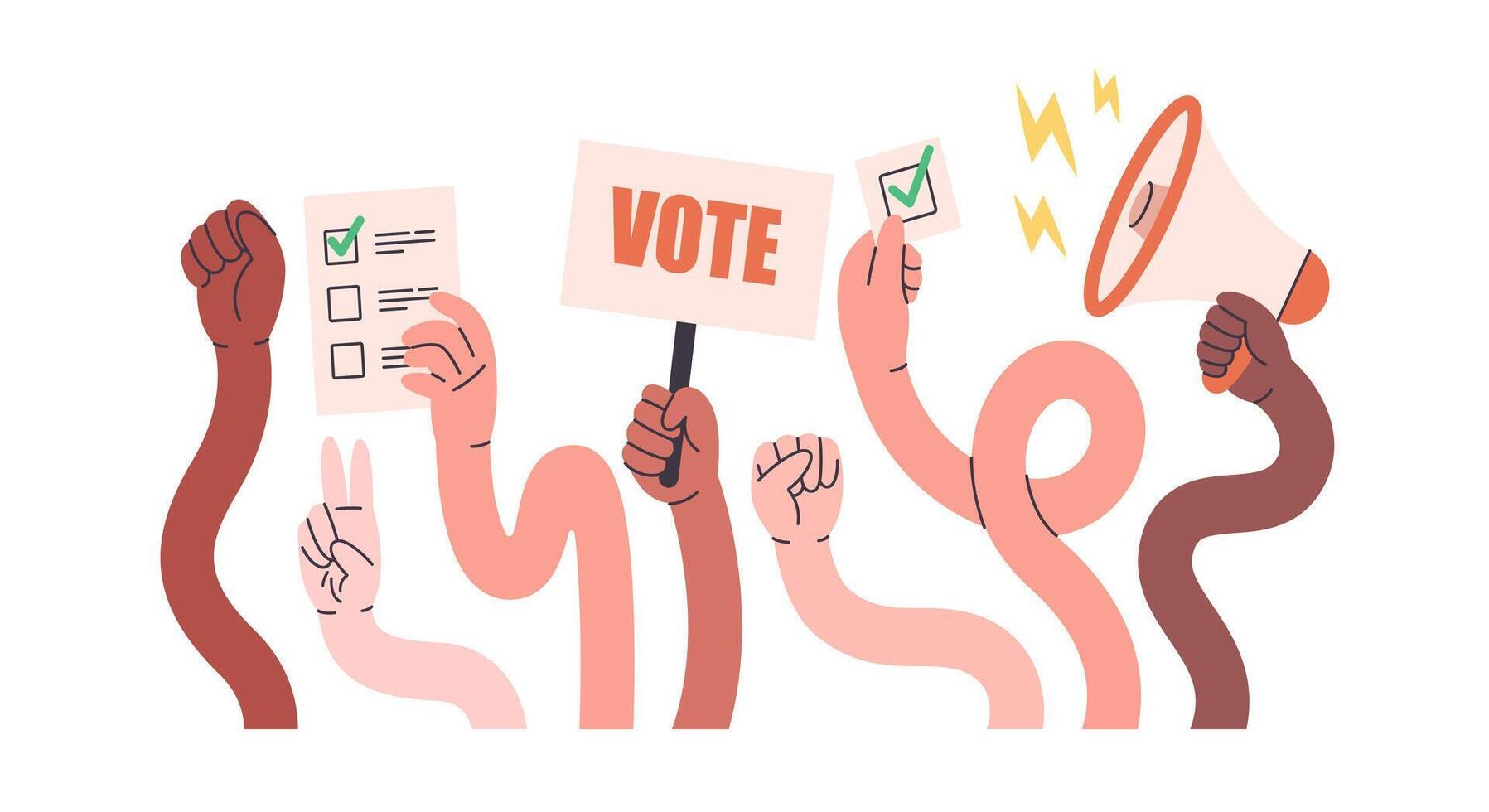 Comic flexible hands. Colored human arms holding vote ballots and megaphone, participate in voting. Voting and elections concept vector