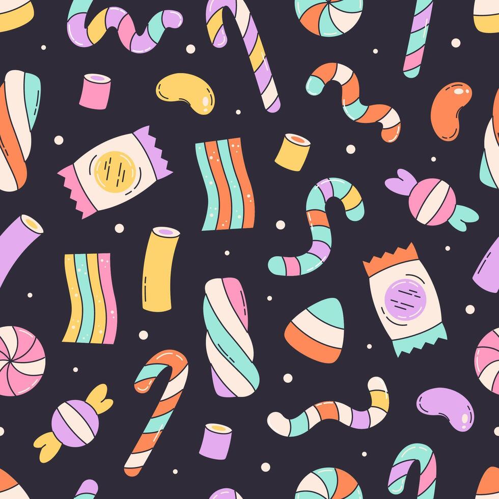 Seamless pattern with sweets and candies. Halloween sweets seamless pattern. Print for banners, wallpapers, textiles, wrapping paper. vector