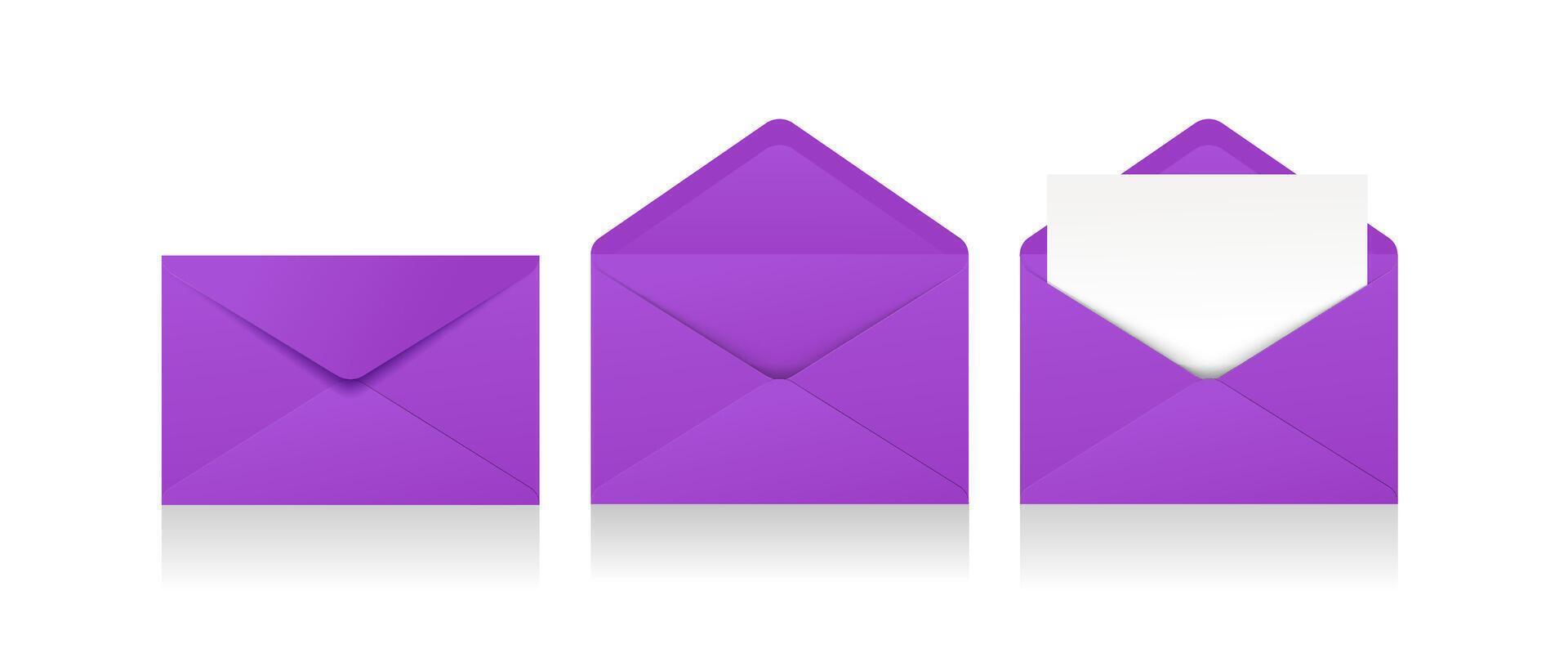Set of realistic purple envelopes in different positions. Folded and unfolded envelope backpack vector