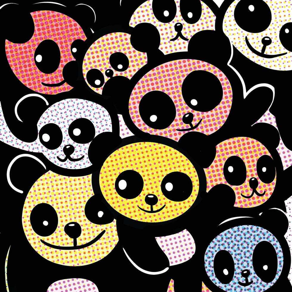 Colorful Cartoon Pandas in Playful Group with Halftone Effect vector