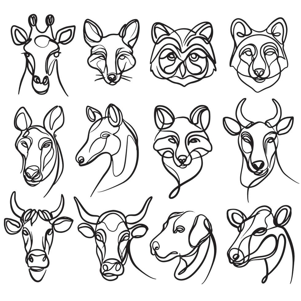 Hand Drawn Wildlife Line Art Illustrations Set with Multiple Animals vector