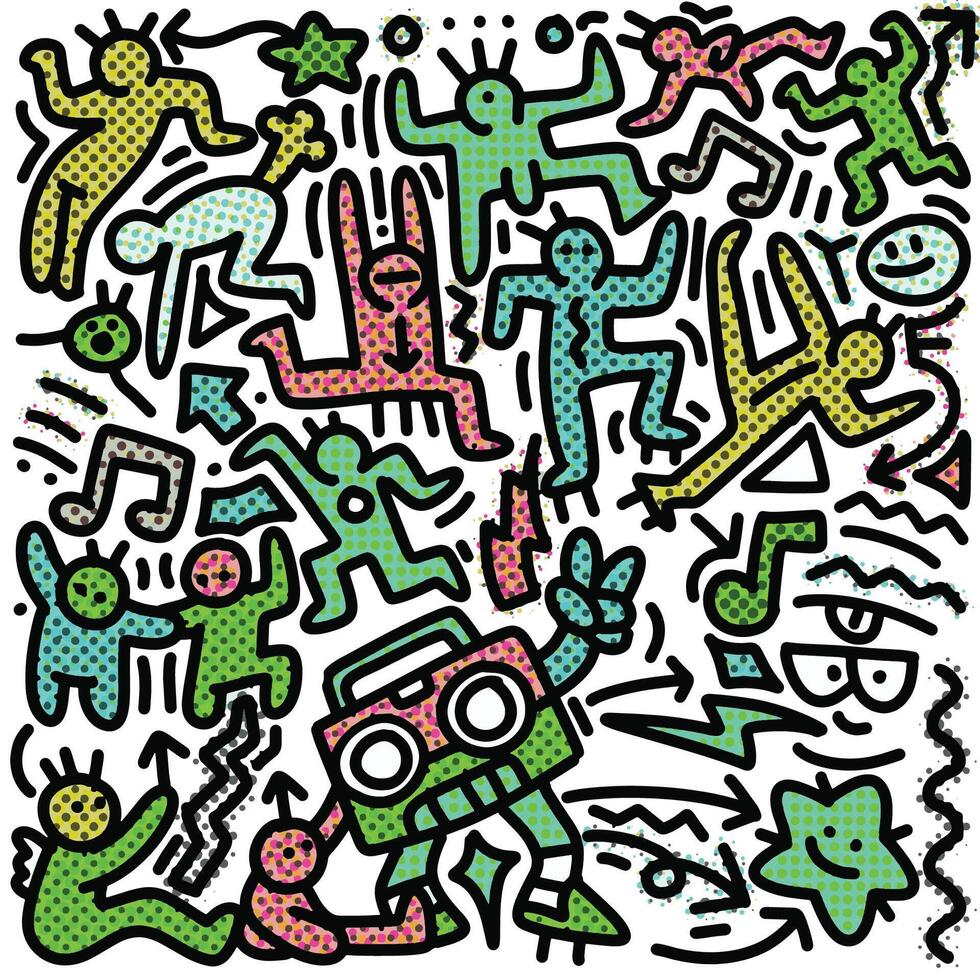 Abstract Dancing Figures with Boombox and Halftone Effect vector