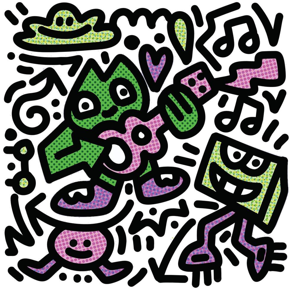 Abstract Cartoon Characters Playing Music with Halftone Effect vector