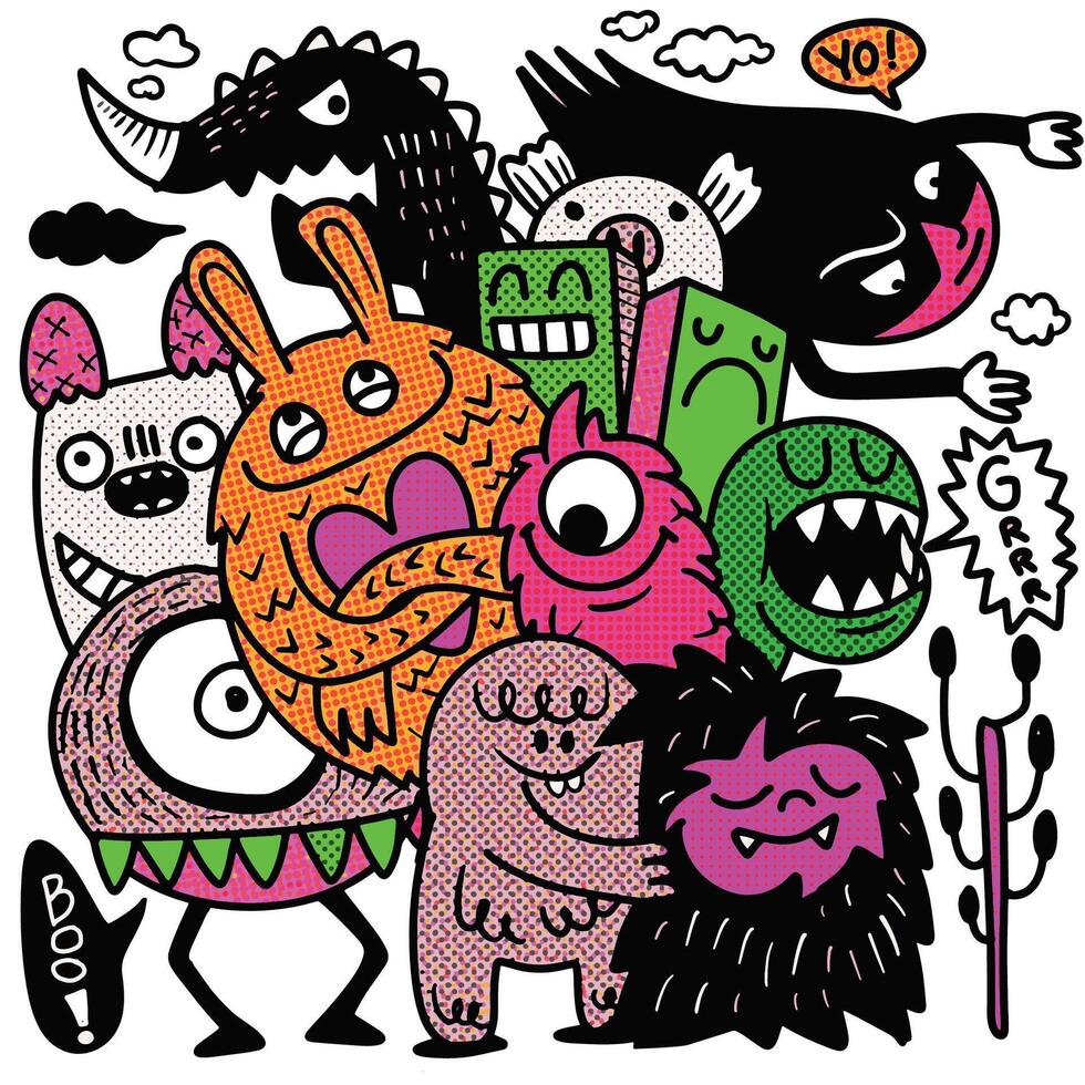 Colorful Cartoon Monsters in Playful Group with Halftone Effect vector