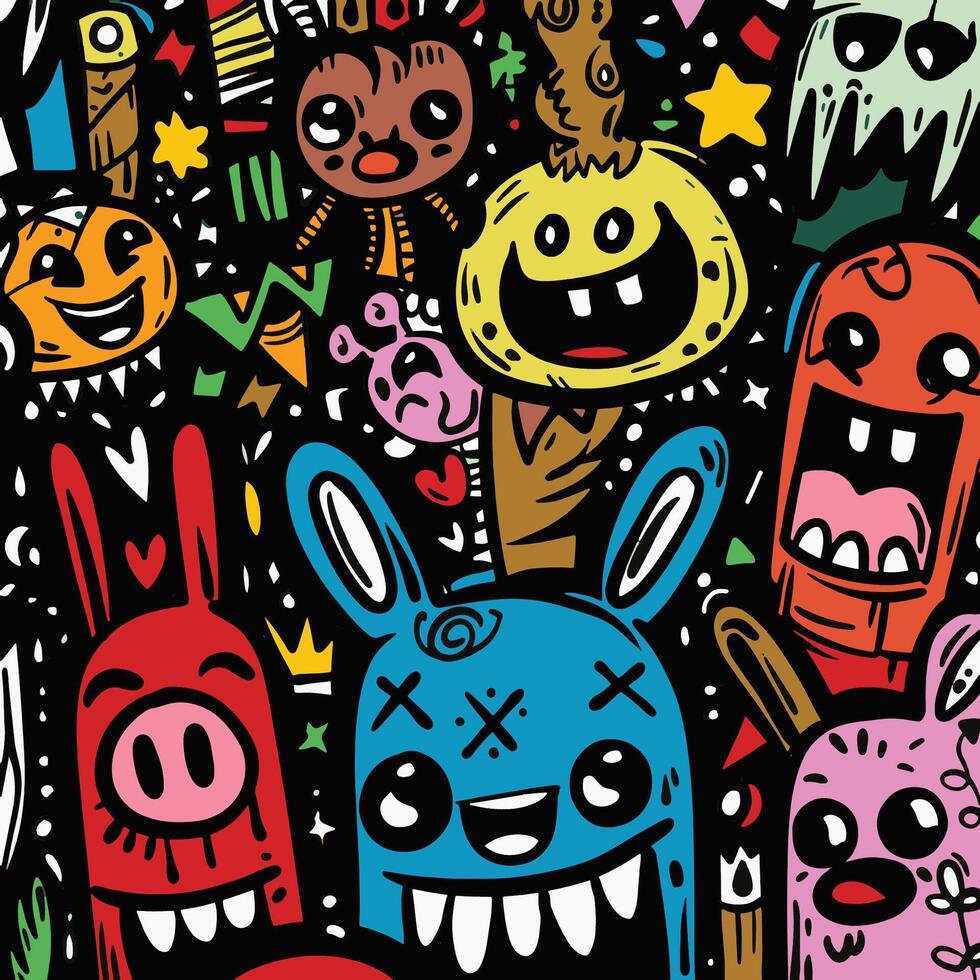 Quirky Cartoon Boy with Monsters and Surreal Doodles on Dark Background vector