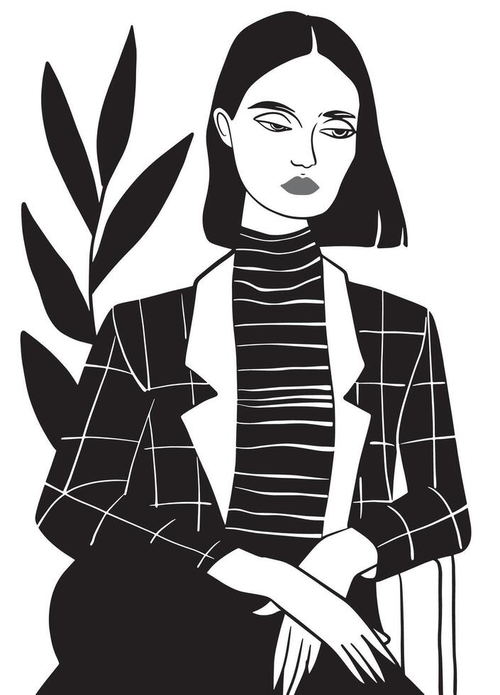 Stylized black and white illustration of a woman in a checkered blazer with a serious expression vector