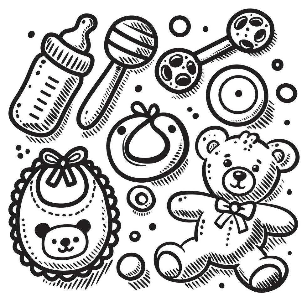 Baby Items Sketch with Teddy Bear on White Background for Coloring Book vector