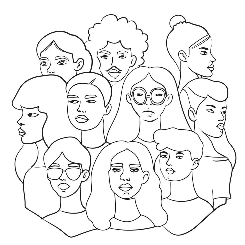 Line Art of Diverse Group of Faces vector