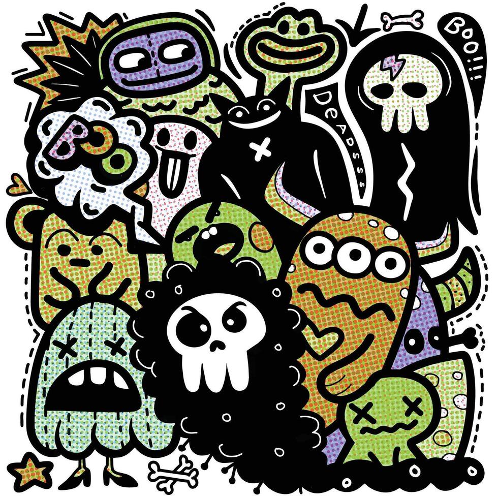 Spooky Cartoon Monsters in Halloween Gathering with Halftone Effect vector
