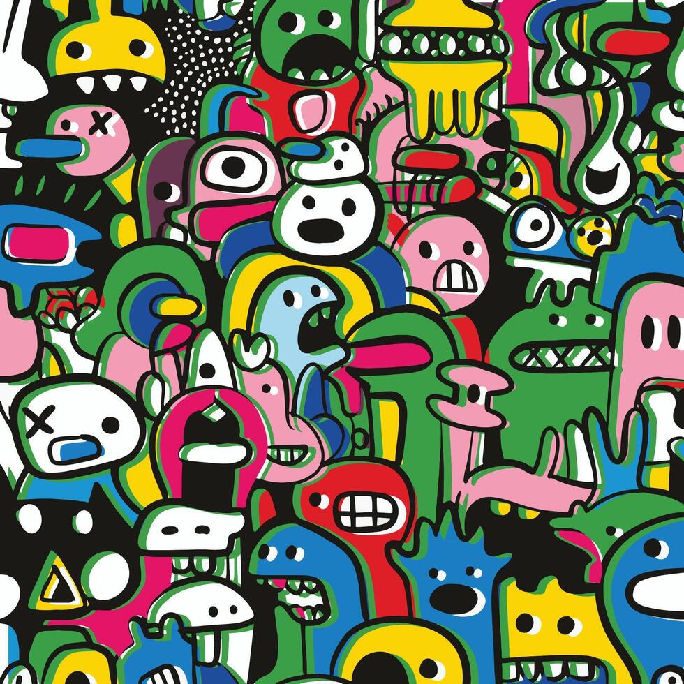Colorful Offset Style Doodle Monster Character Collage vector