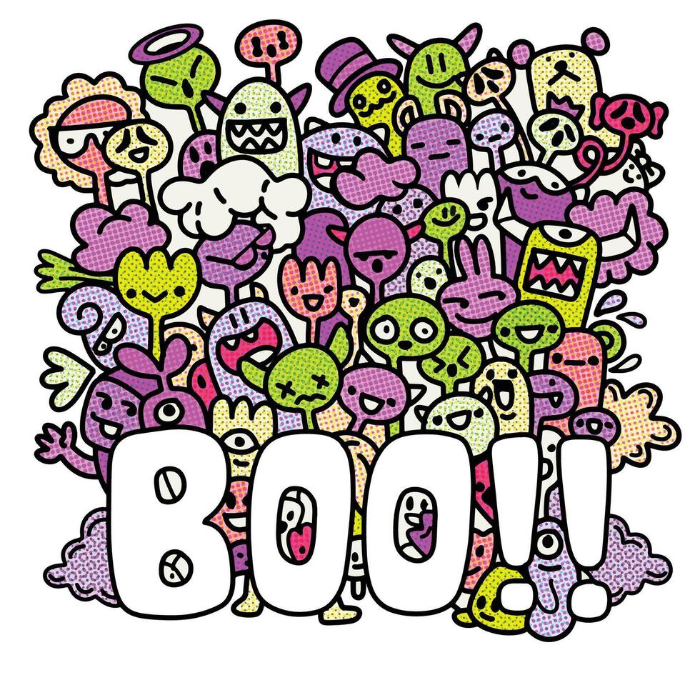 Colorful Cartoon Monsters Saying Boo with Halftone Effect vector