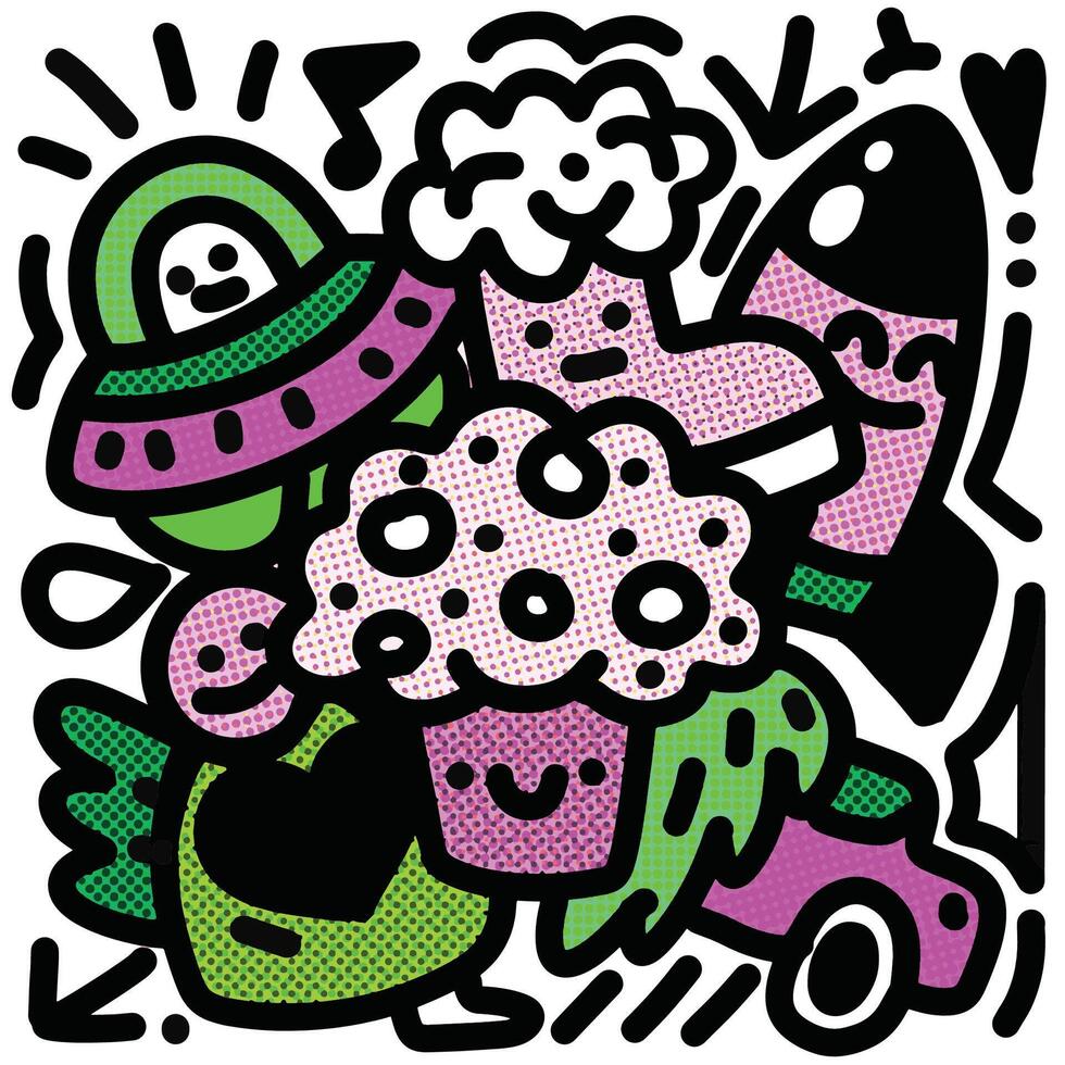 Playful Cartoon Objects with UFO and Cupcake with Halftone Effect vector