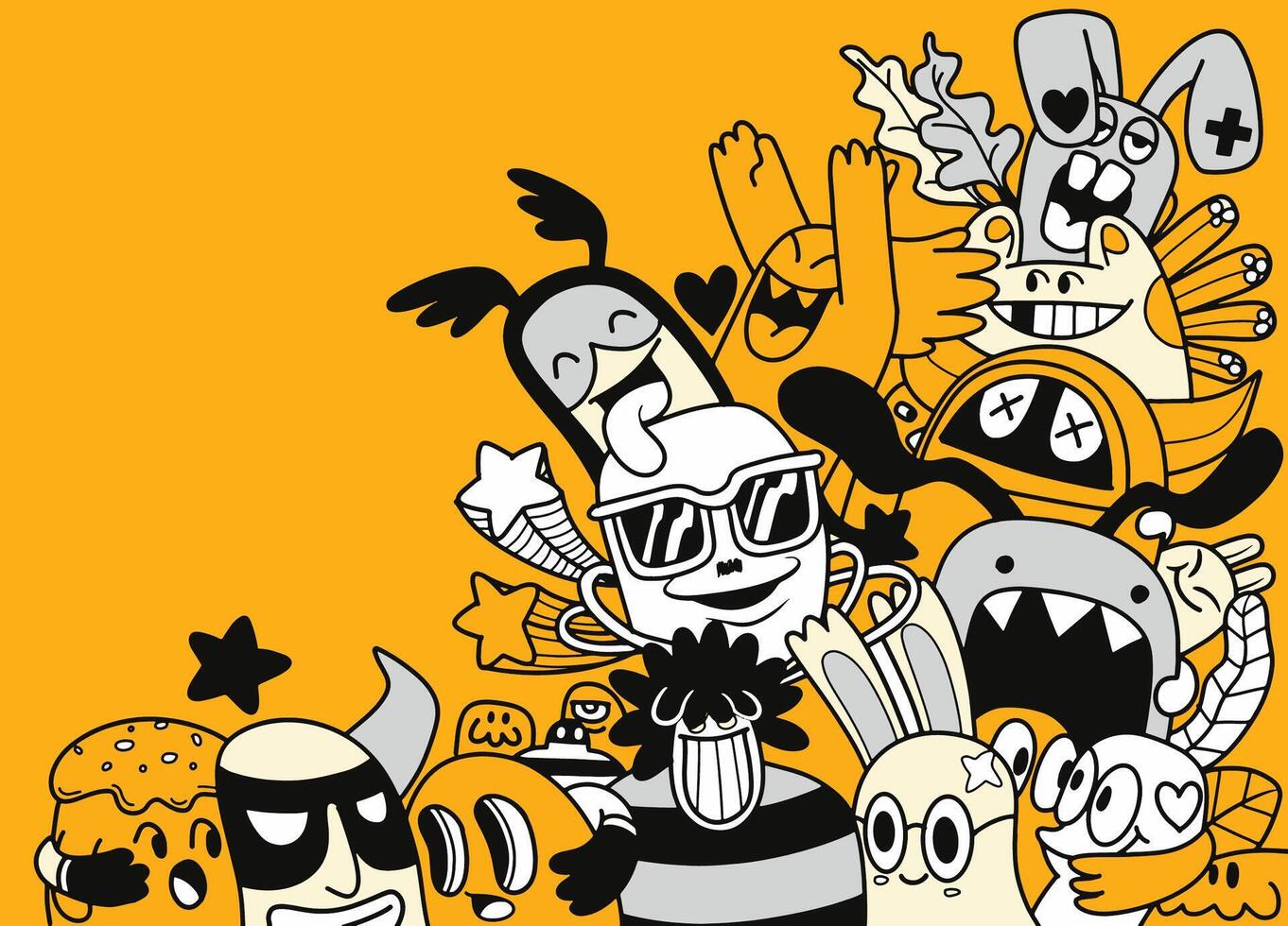Cartoon Doodle Characters on Yellow Background vector