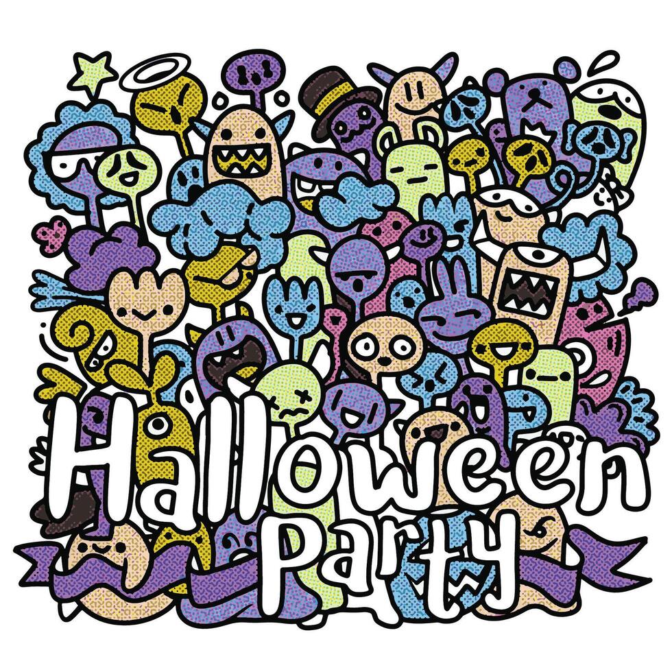 Colorful Cartoon Halloween Party Monsters with Halftone Effect vector