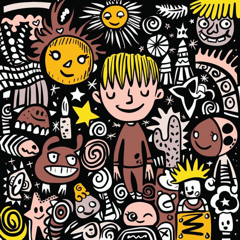 Smiling Cartoon Boy Among Abstract and Whimsical Doodles with Dark Background vector