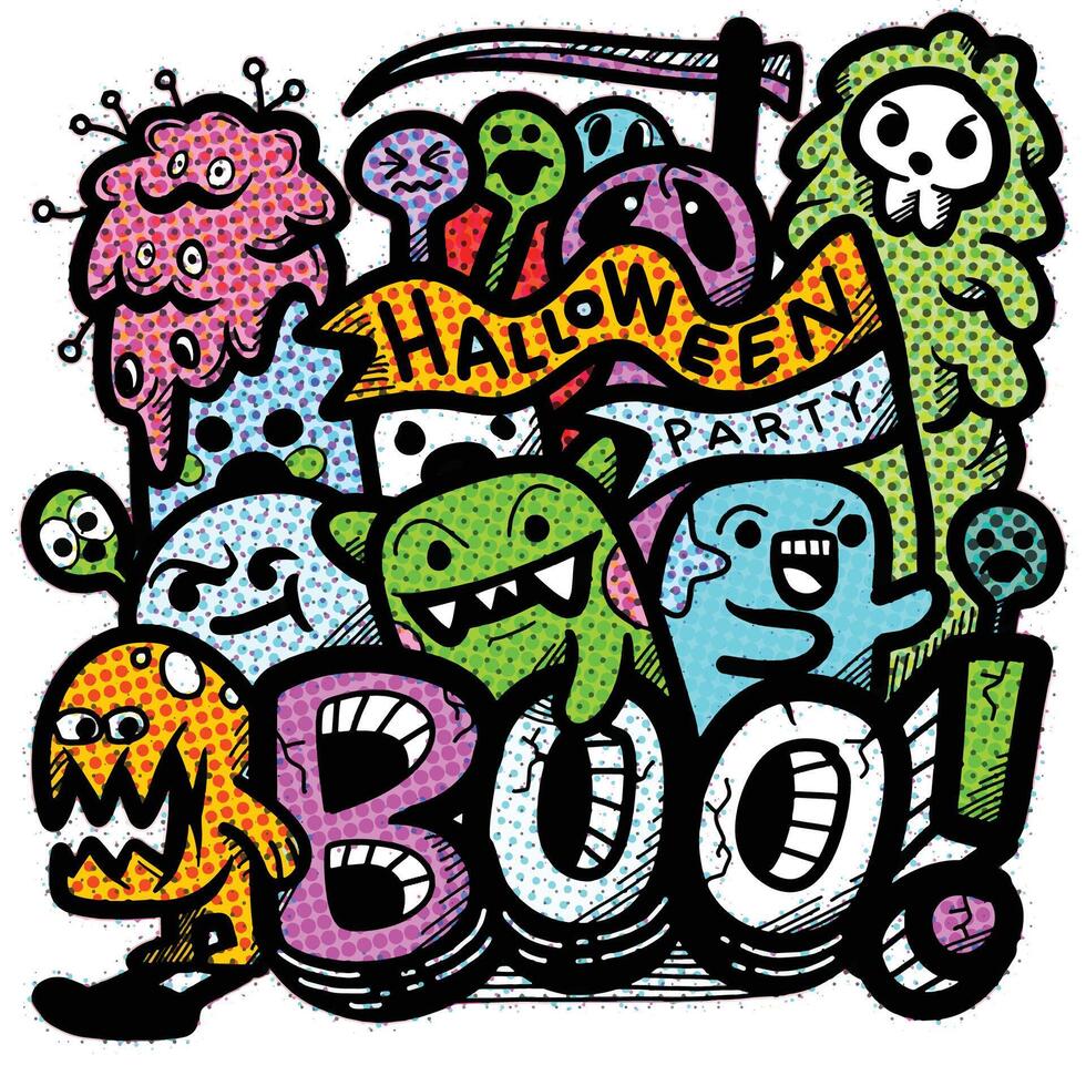 Halloween Party Monsters Shouting Boo with Halftone Effect vector