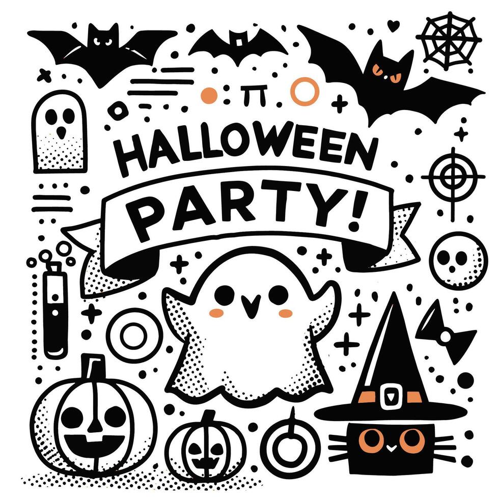 Hand Drawn Halloween Party Doodle Art with Cute Ghost and Witch Cat vector