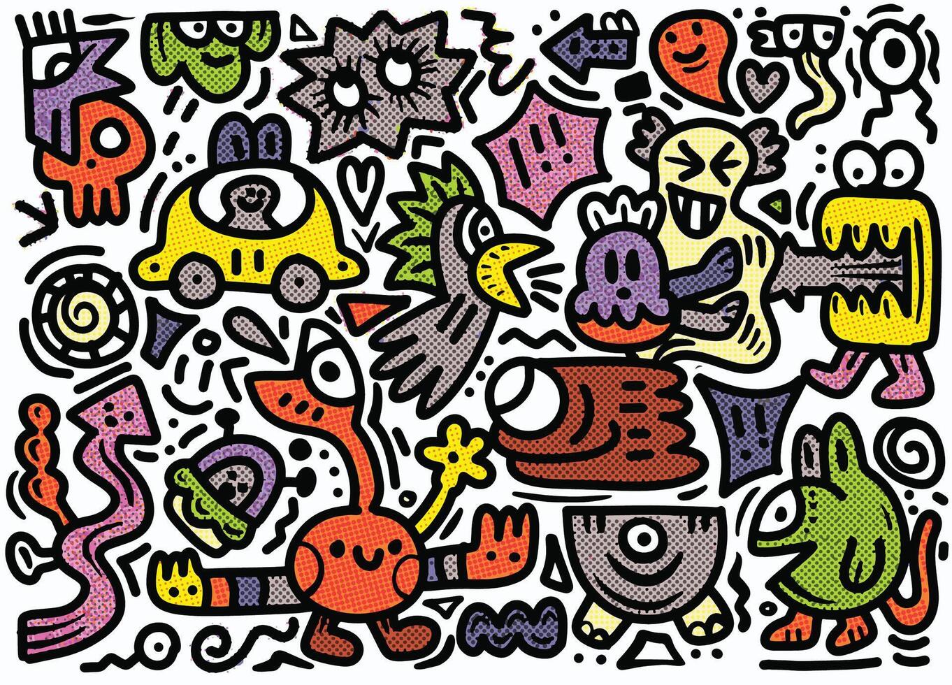 Playful Cartoon Doodle Characters and Objects with Halftone Effect vector