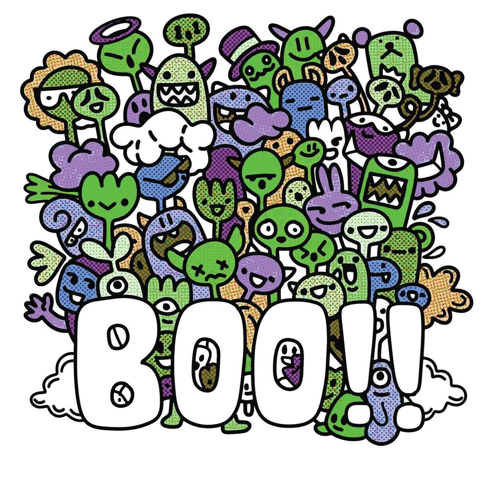 Colorful Cartoon Monsters Saying Boo with Halftone Effect vector