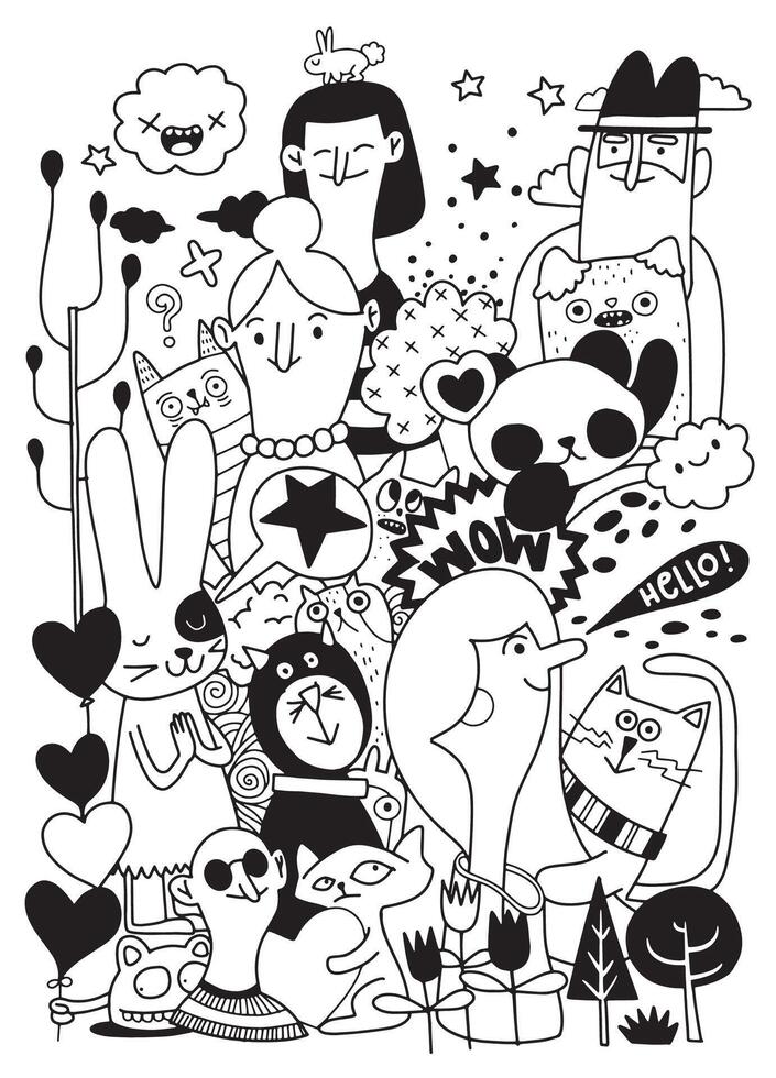 Whimsical Doodle Characters in Black and White vector