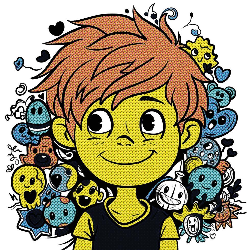 Smiling Cartoon Boy Surrounded by Colorful Doodles and Cute Characters with Halftone Effect vector