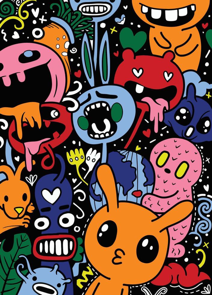 Vibrant Whimsical Doodle Characters on Black vector