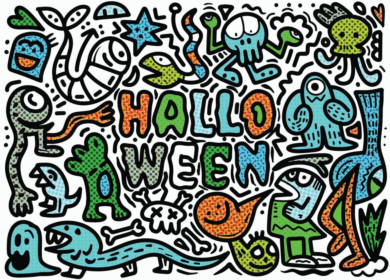 Playful Halloween Doodle Monsters with Halftone Effect vector