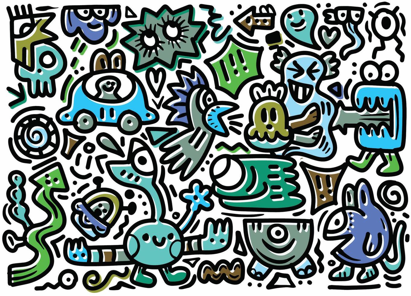 Abstract Doodle Art with Offset Effect Featuring Quirky Characters vector
