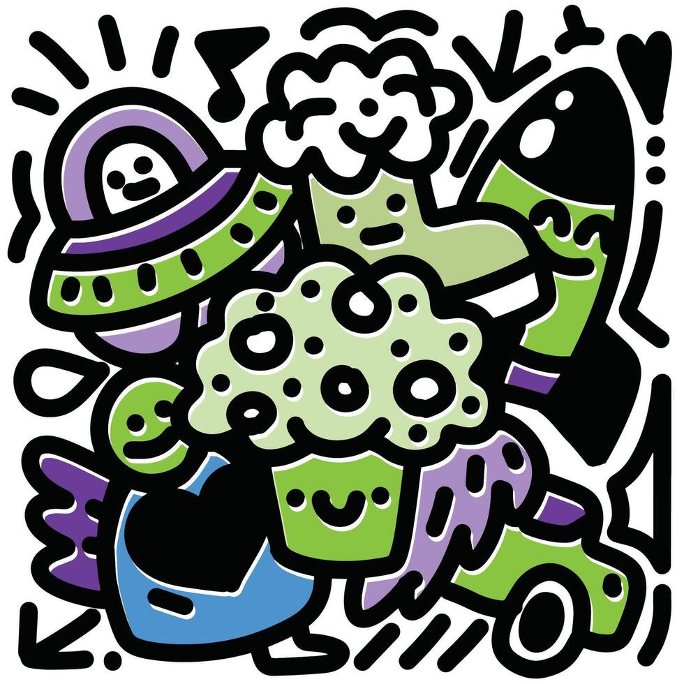 Whimsical Cartoon Objects and Characters with Offset Effect on White Background vector