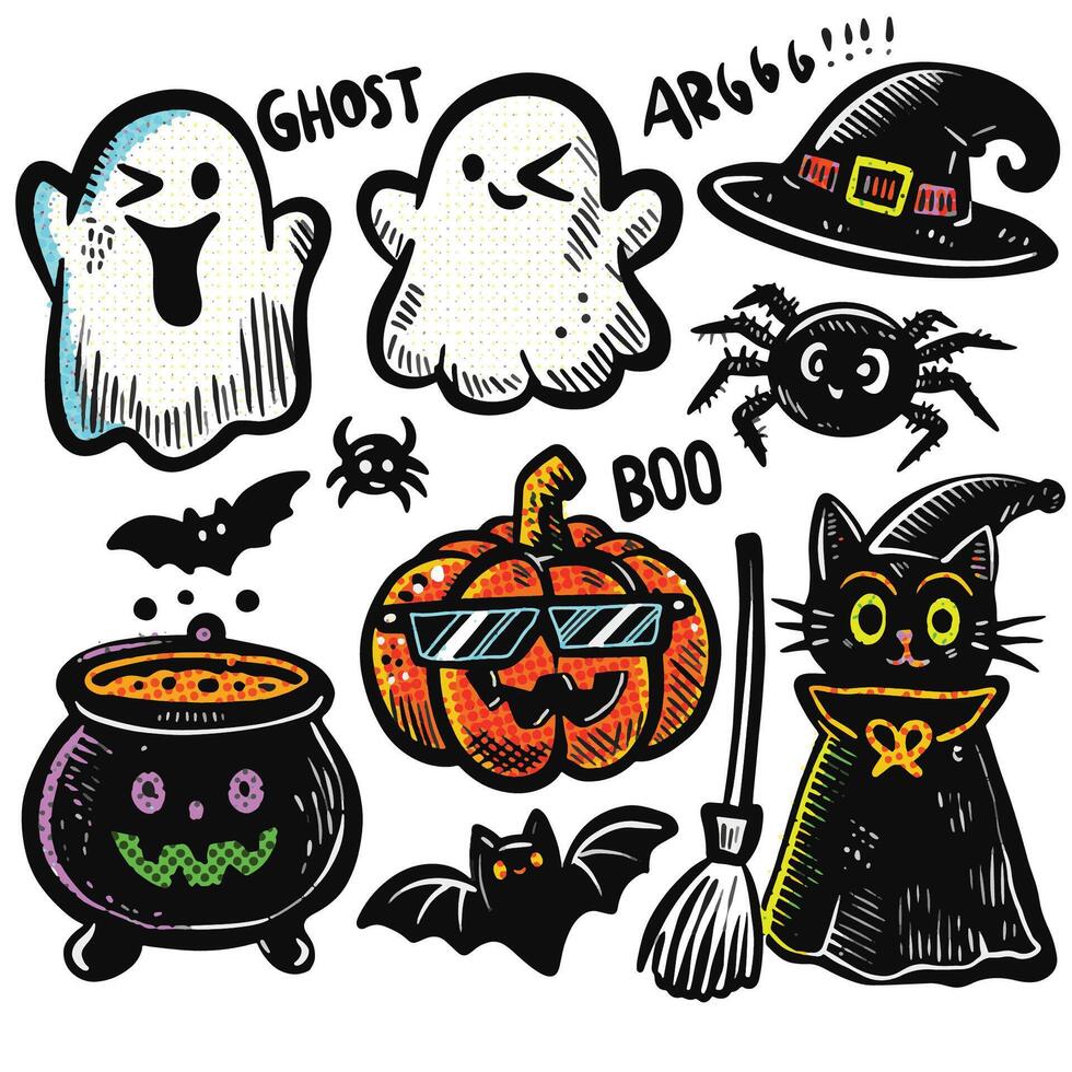 Fun Hand-Drawn Halloween Doodles with Halftone Effect Ghosts Pumpkin and Black Cat vector