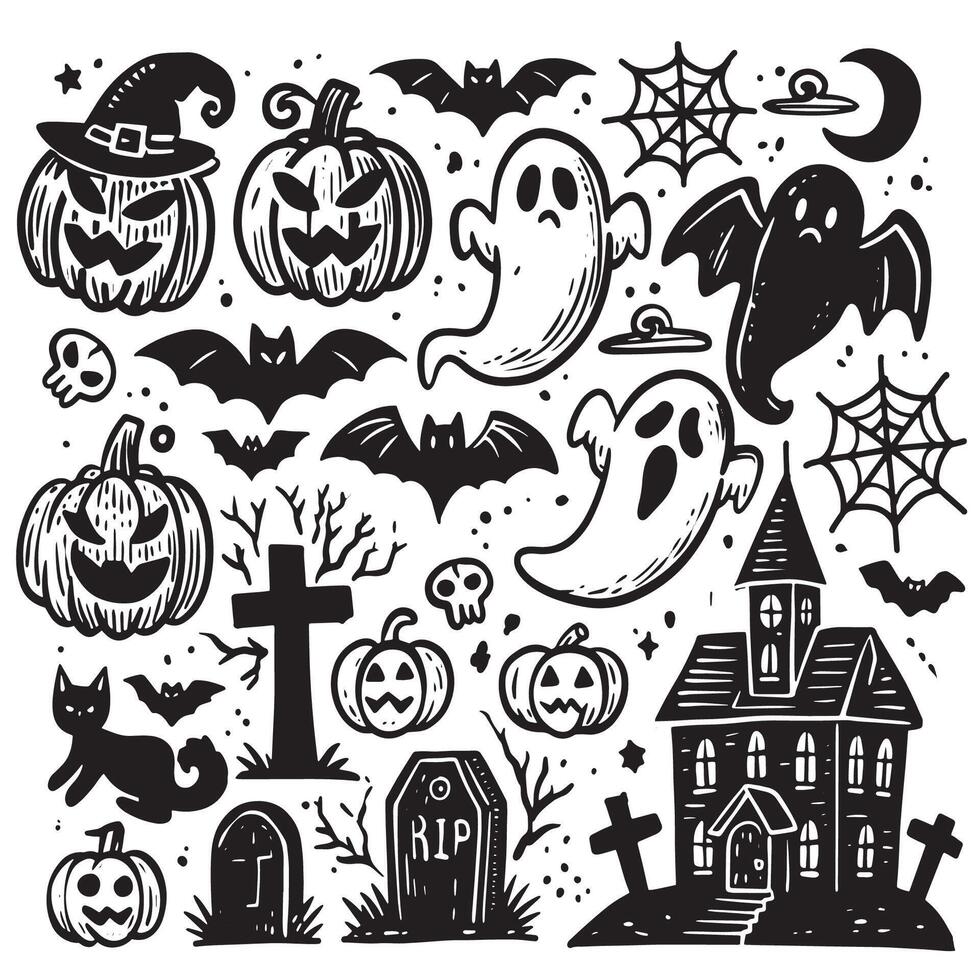 Hand-drawn Halloween doodle set with ghosts pumpkins bats and haunted house on white background for coloring book vector