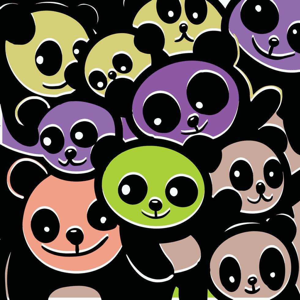 Colorful Cartoon Pandas with Big Eyes and Offset Effect on Dark Background vector