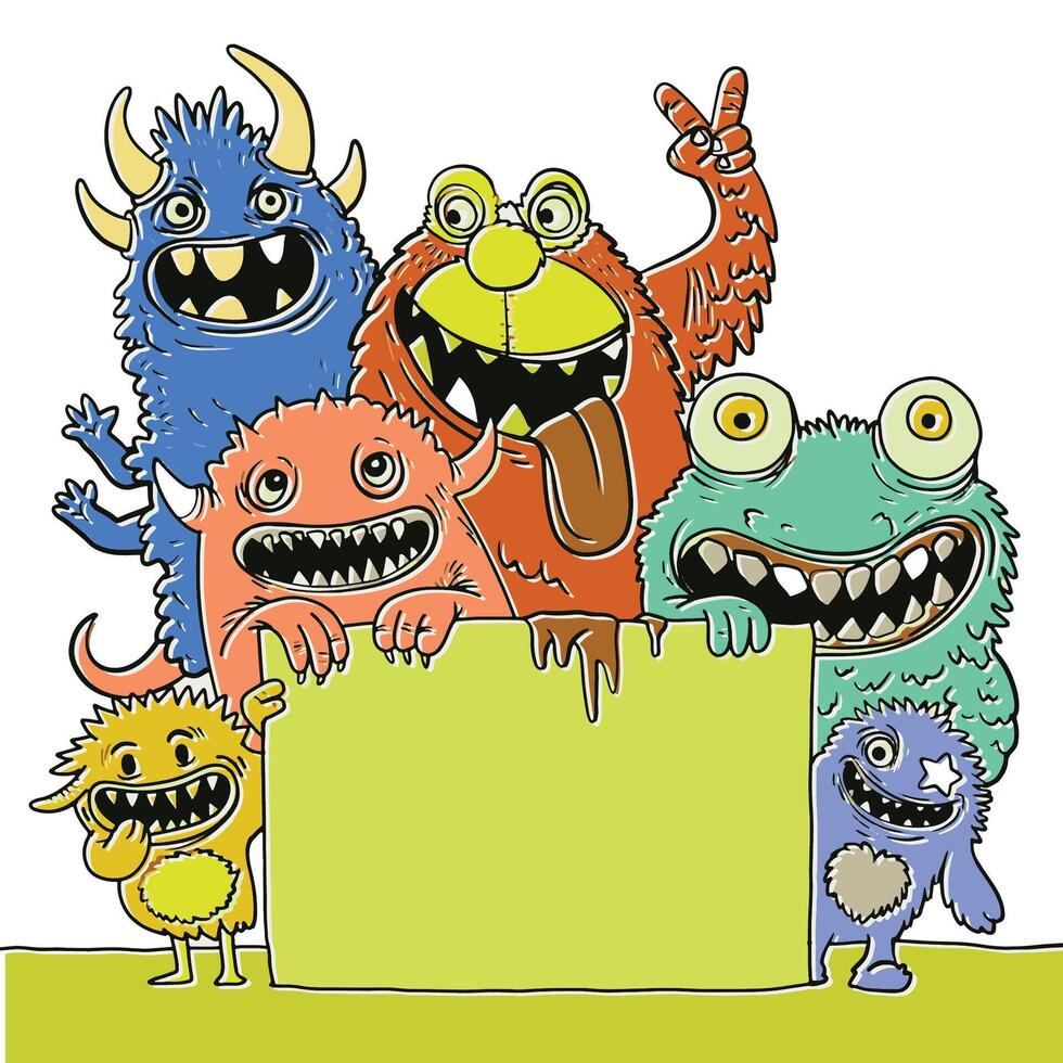 Colorful Offset Style Doodle Monsters Holding Blank Sign vector