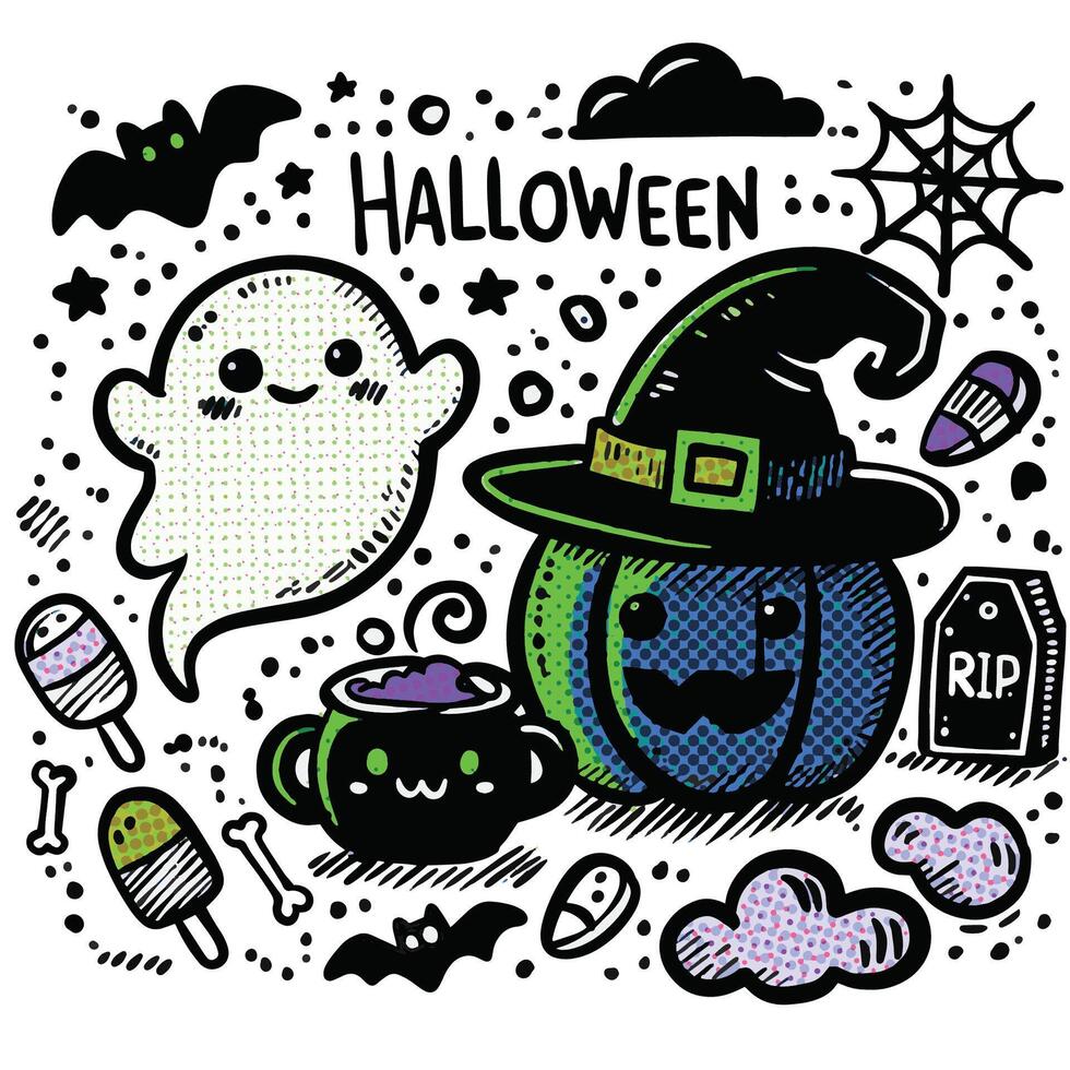 Cute Hand-Drawn Halloween Doodles with Halftone Effect Ghost Pumpkin and Witch Hat vector