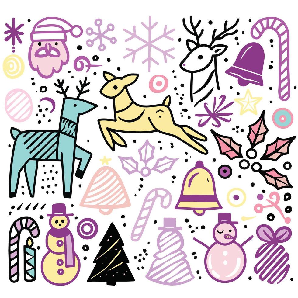 Colorful Hand Drawn Christmas Doodle Art with Festive Icons vector