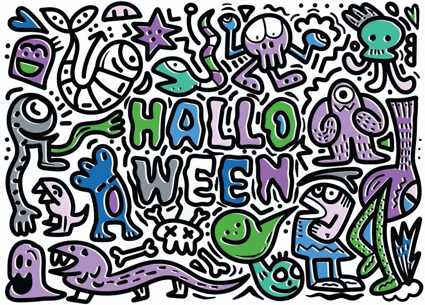 Colorful Halloween Doodle with Offset Effect Featuring Monsters and Lettering vector
