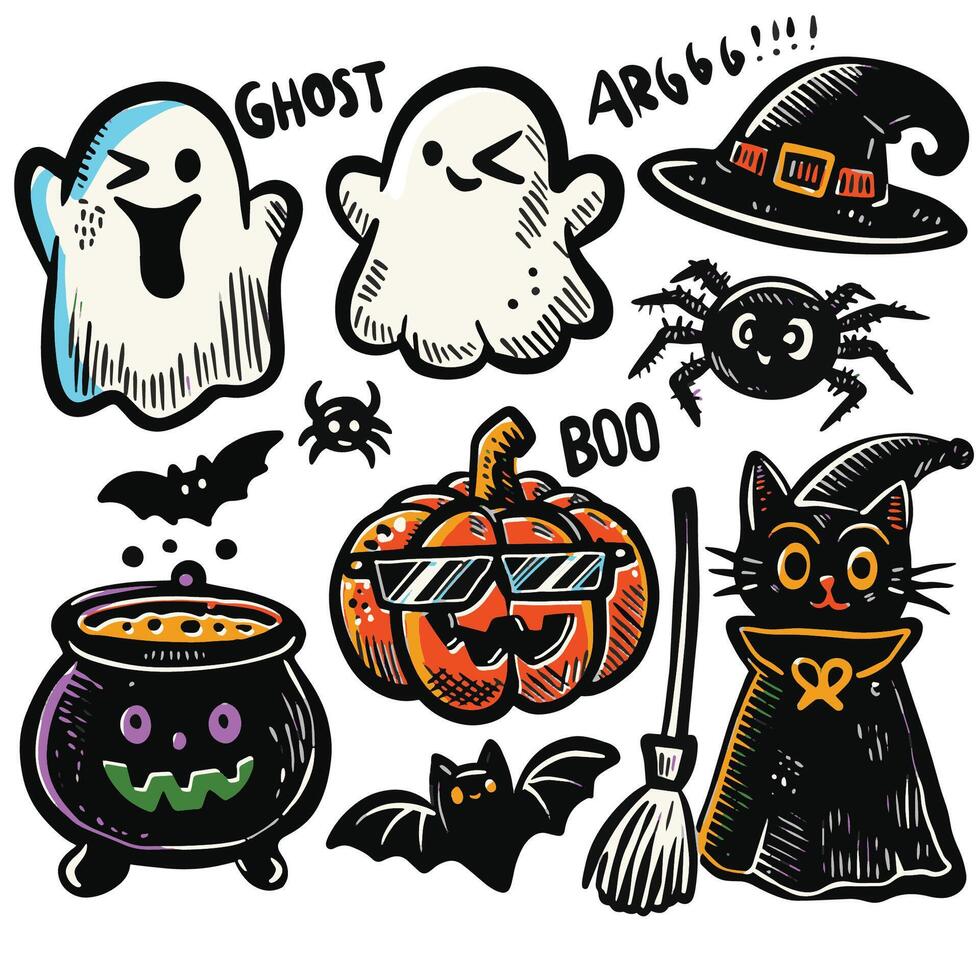Fun Hand-Drawn Halloween Doodles with Offset Effect Ghosts Pumpkin and Black Cat vector