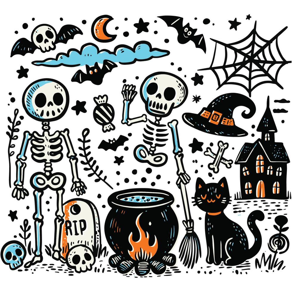 Eerie Hand-Drawn Halloween Doodles with Offset Effect Skeletons Witch and Haunted House vector
