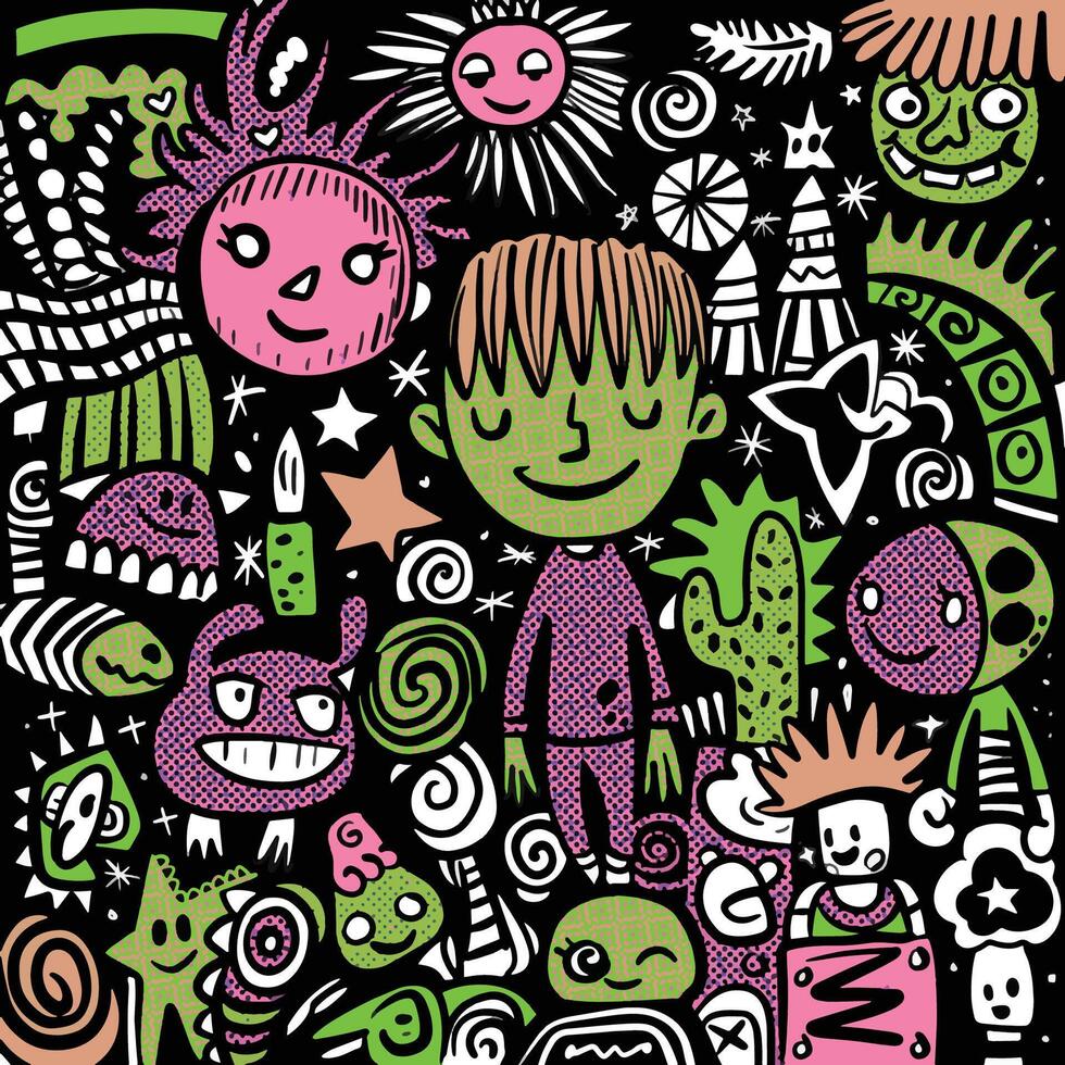 Whimsical Cartoon Boy with Surreal Doodles and Characters in Halftone Effect vector