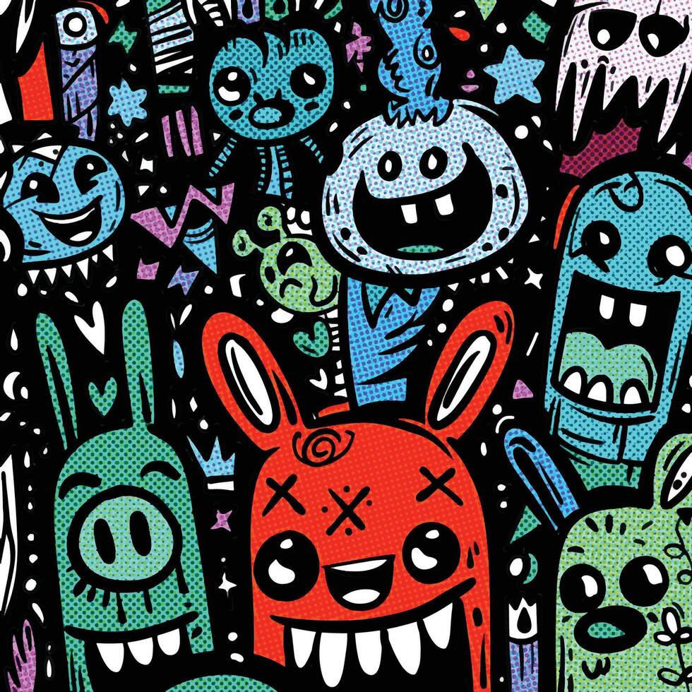 Vibrant Cartoon Monsters with Playful Expressions in Halftone Effect vector
