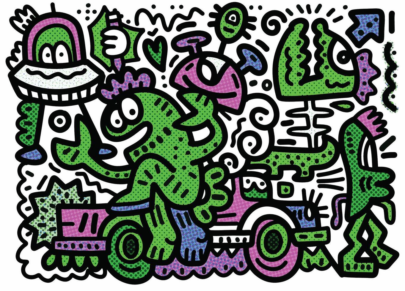 Quirky Cartoon Creatures and Vehicles with Halftone Effect vector